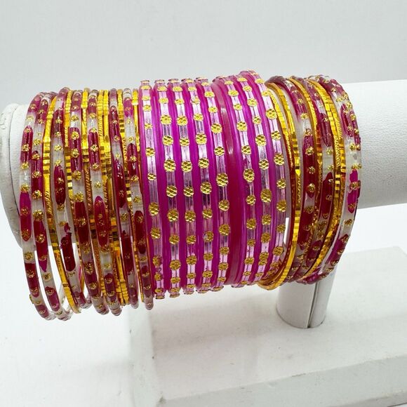Indian Bollywood Glass Metal Plastic Pink Gold Bangle Bracelet Stack Set Of 32 - Picture 1 of 6